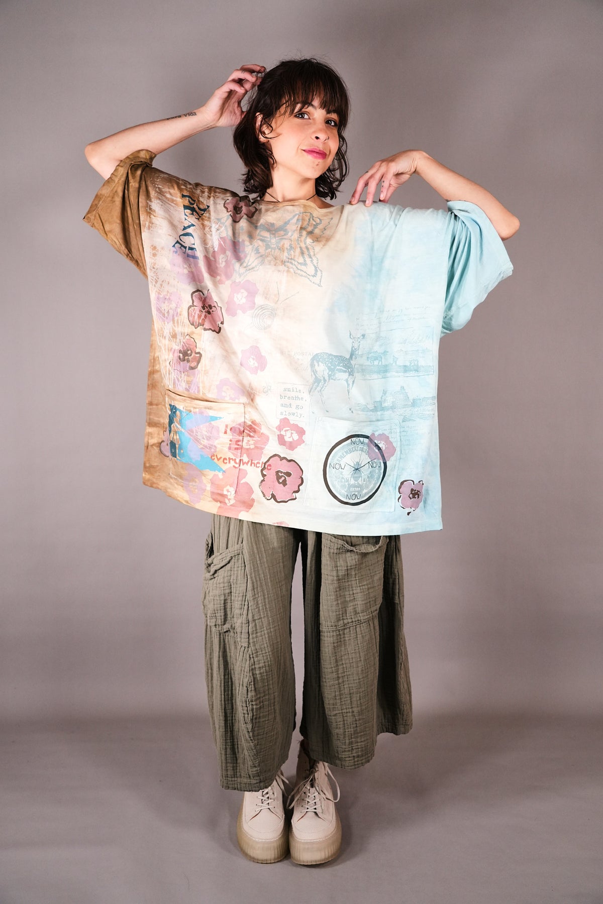 1236-2 HD Pocket Line Tee Ochre and Sky Teach Peace