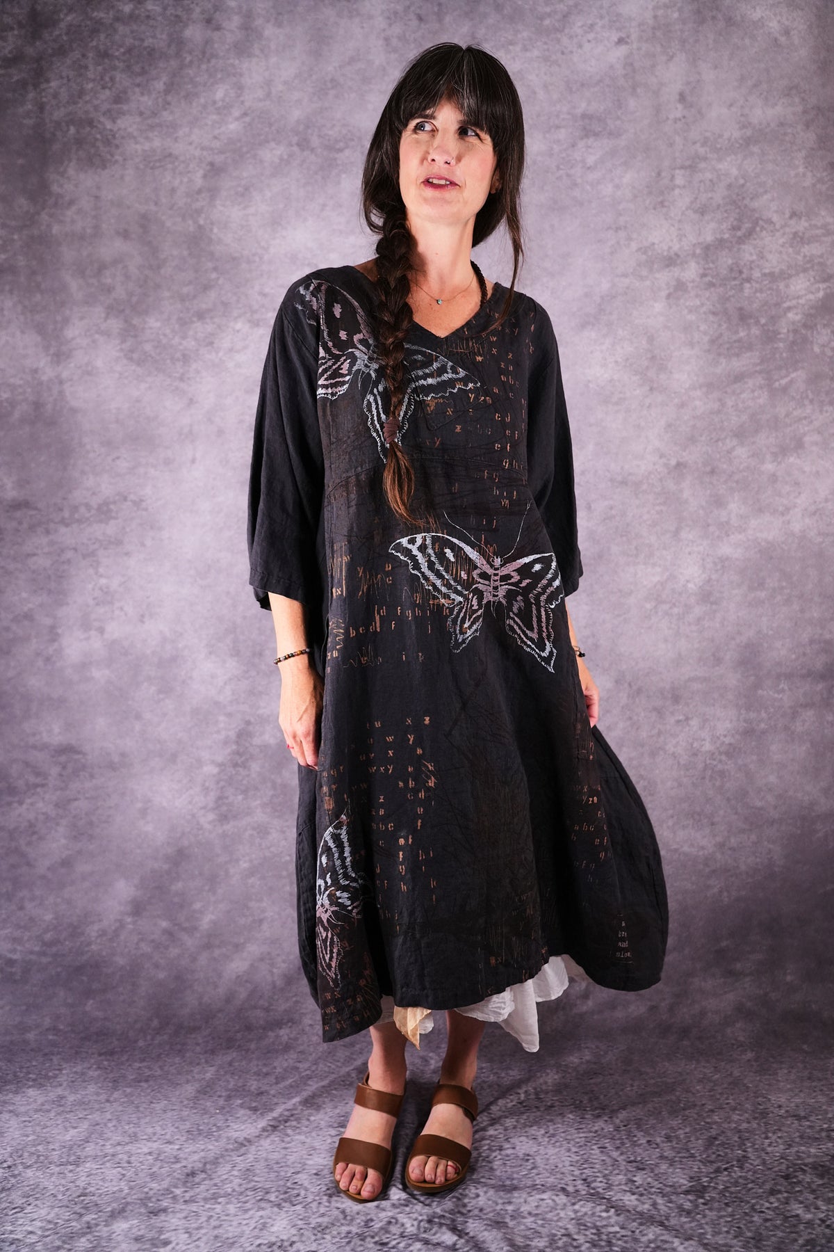 2133 Crossover Linen Tunic Black Sand Butterfly Alphabet