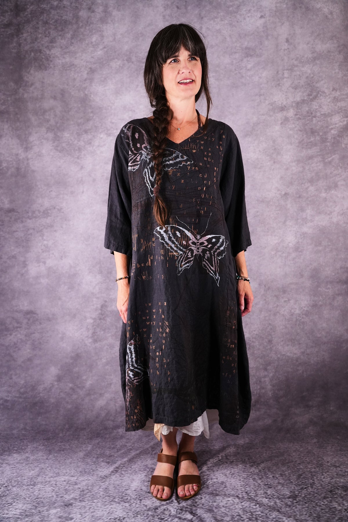 2133 Crossover Linen Tunic Black Sand Butterfly Alphabet