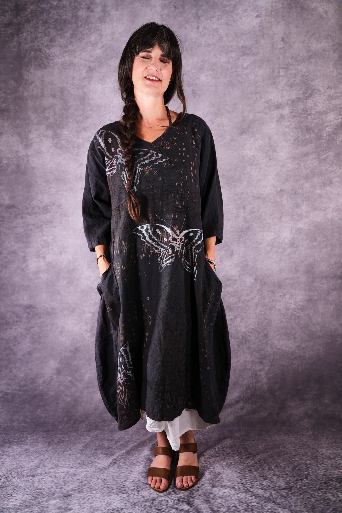 2133 Crossover Linen Tunic Black Sand Butterfly Alphabet