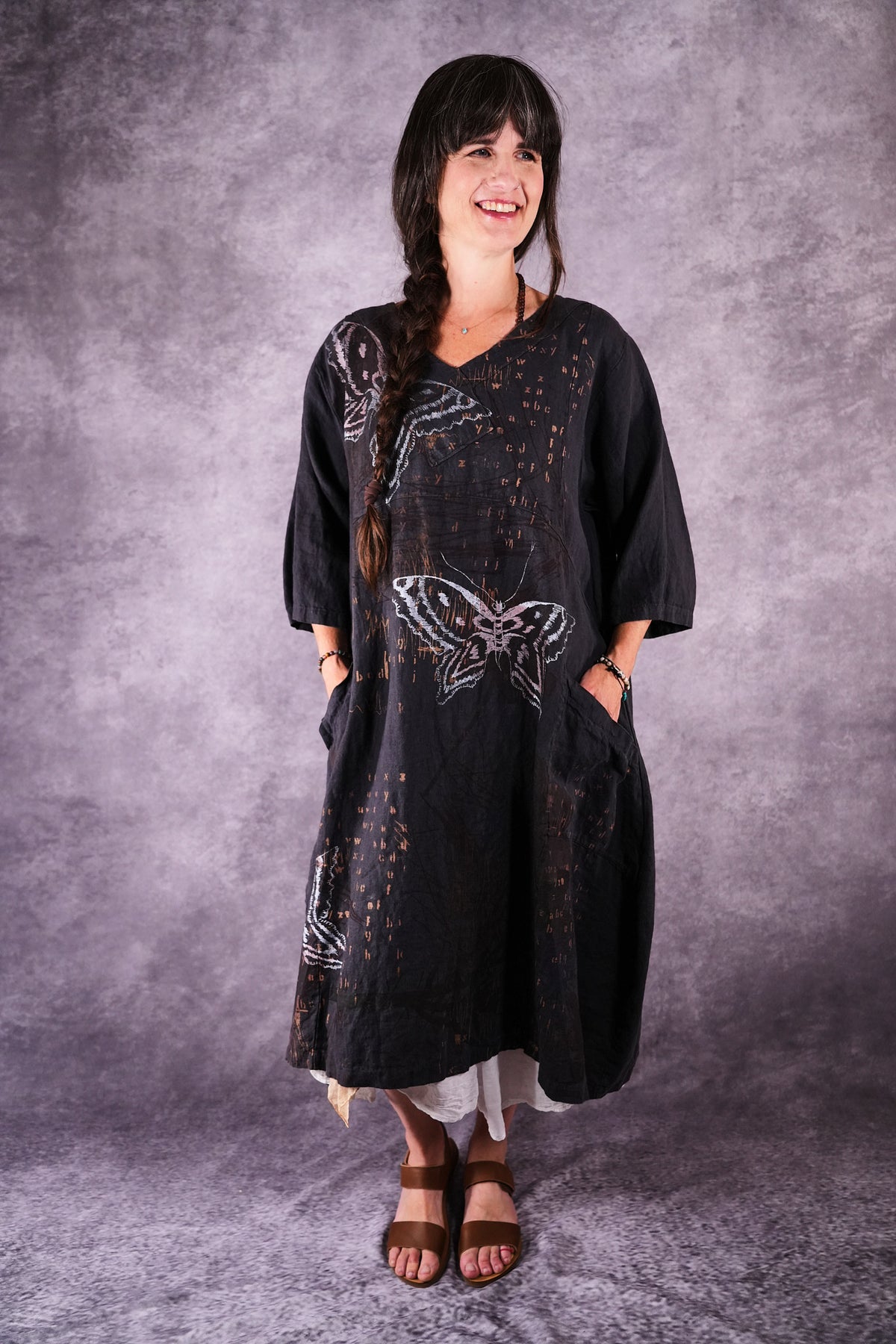 2133 Crossover Linen Tunic Black Sand Butterfly Alphabet