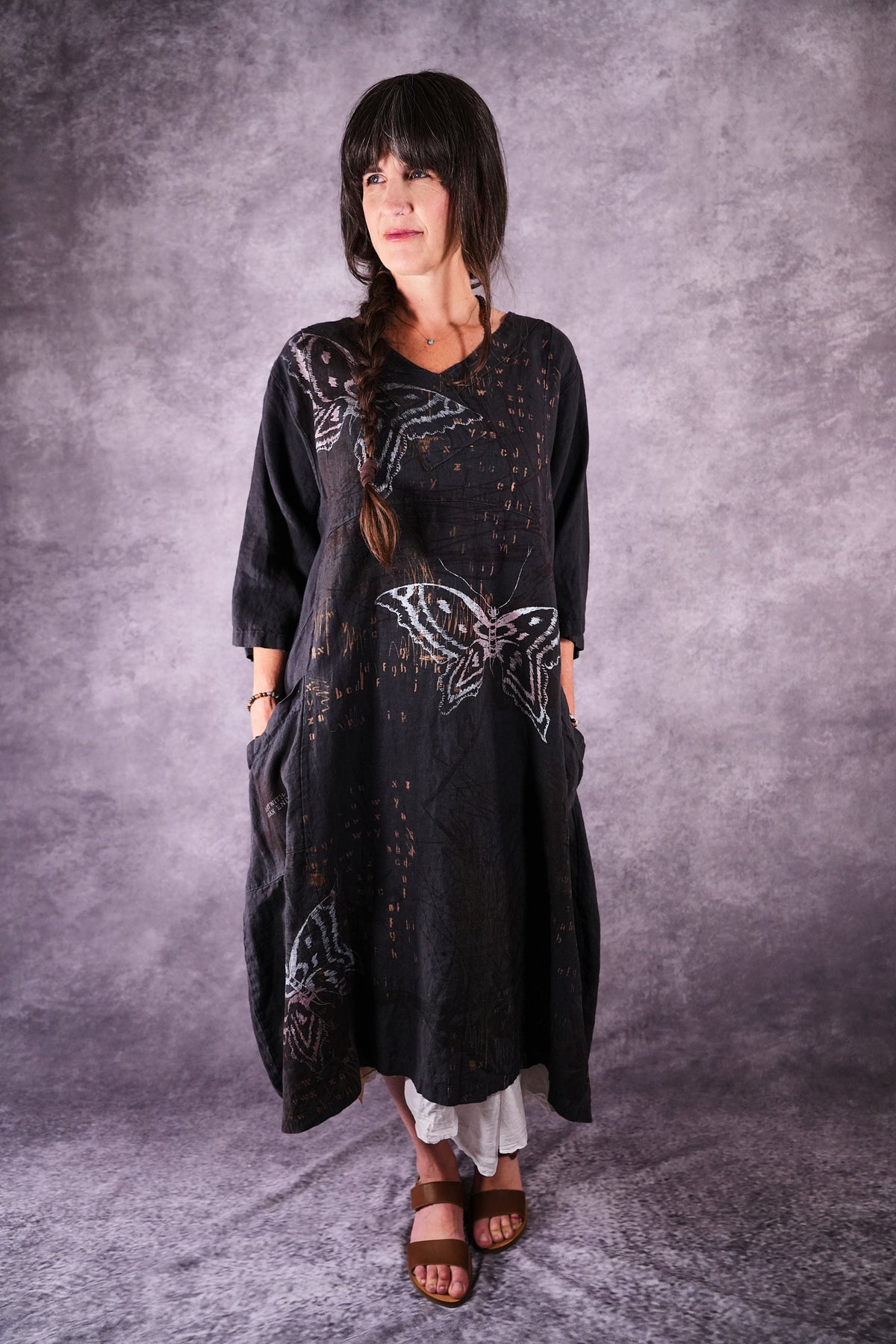 2133 Crossover Linen Tunic Black Sand Butterfly Alphabet