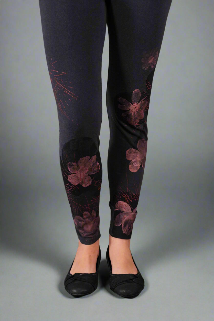 3136 Handprinted Legging Black Sand Peach Blossom-P