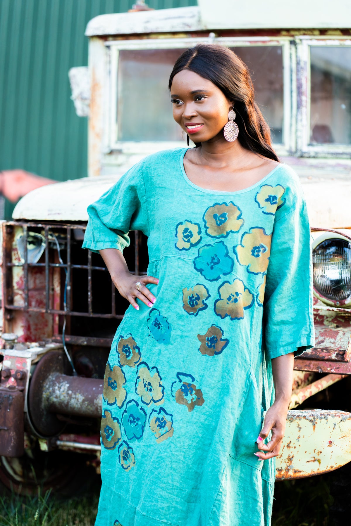 lucky linen dress Almais, Lucky printed linen midi dress, Women, Blue, US 12, Dresses