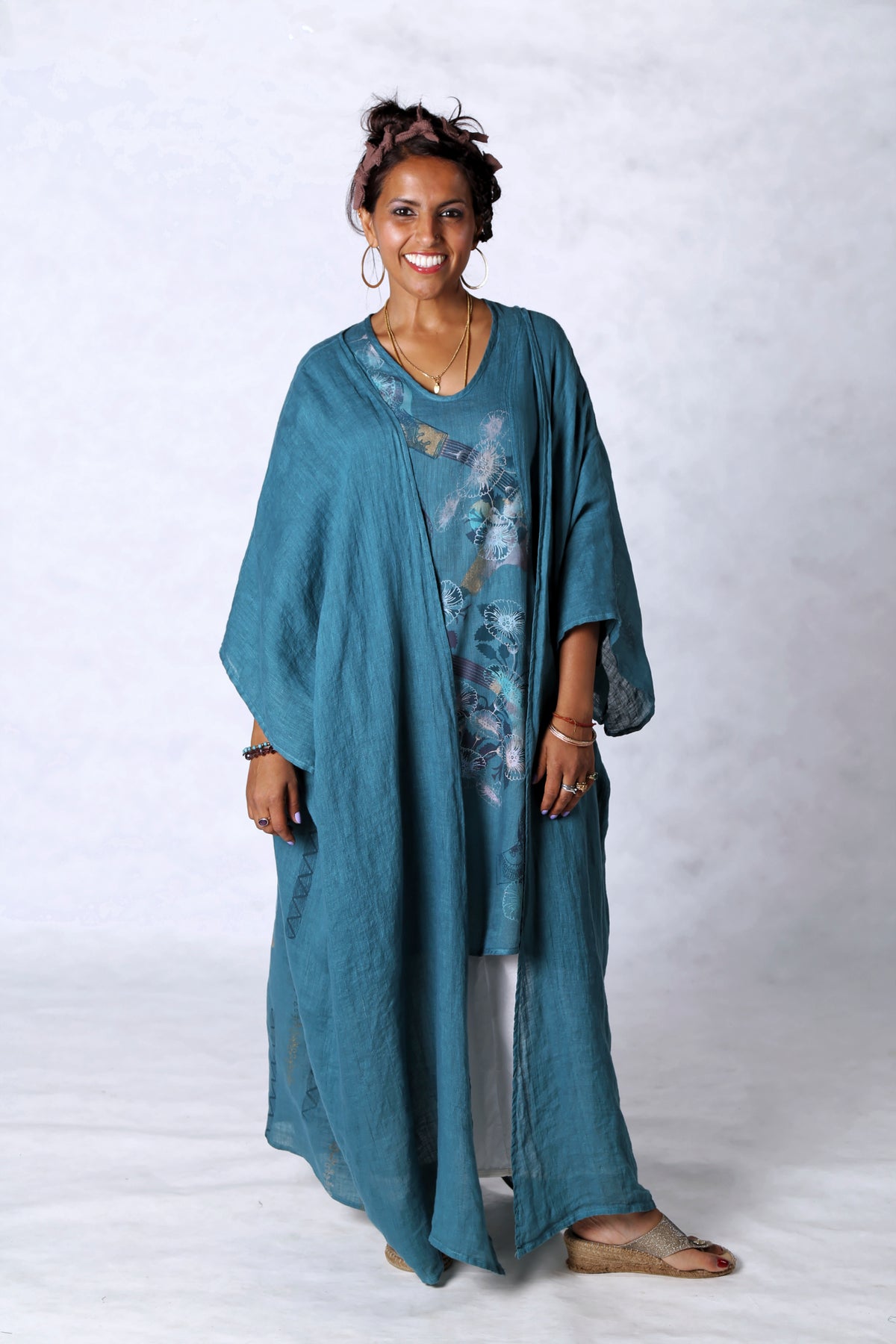 5267 Long Kimono Duster-Teal-Painted Pastel Floral