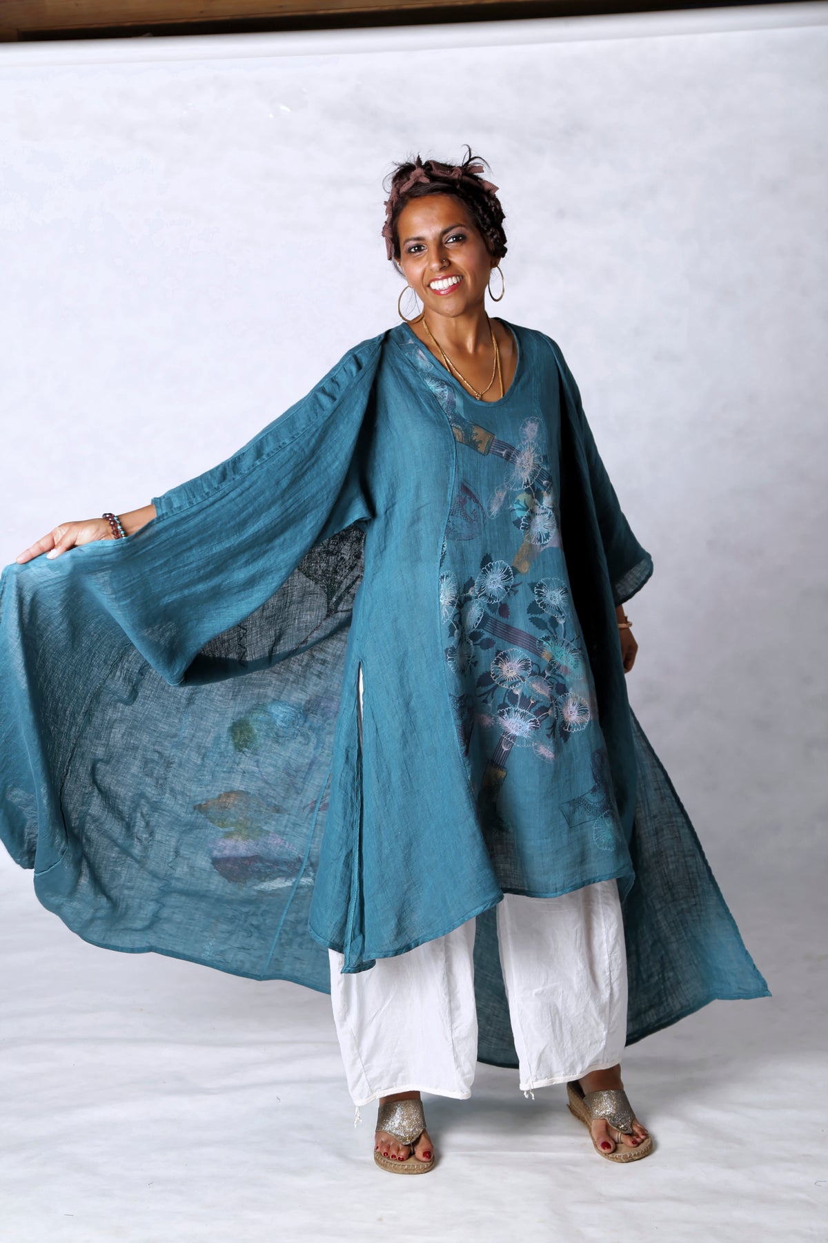 5267 Long Kimono Duster-Teal-Painted Pastel Floral