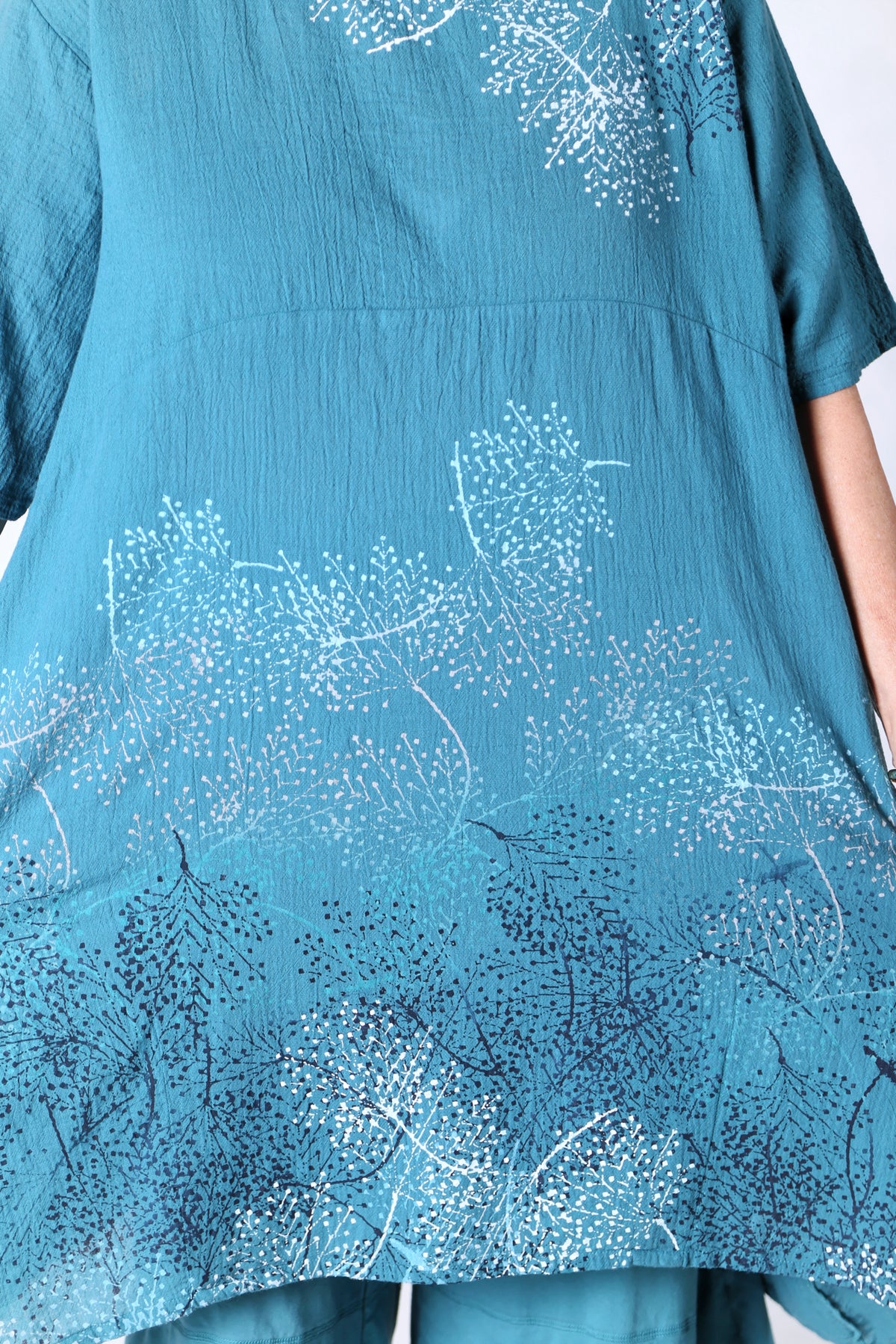2301 Gauze Urchin Dress-Teal-Delicate Floral Pattern
