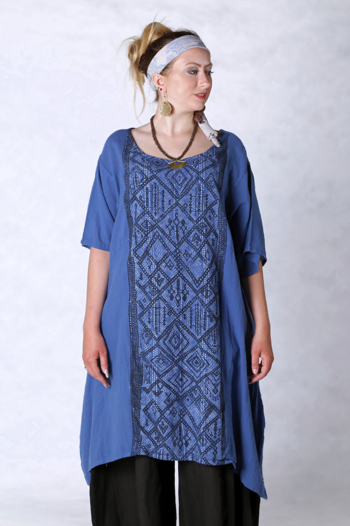 2301 Gauze Urchin Dress-Azure-Textile Black &amp; White Pattern