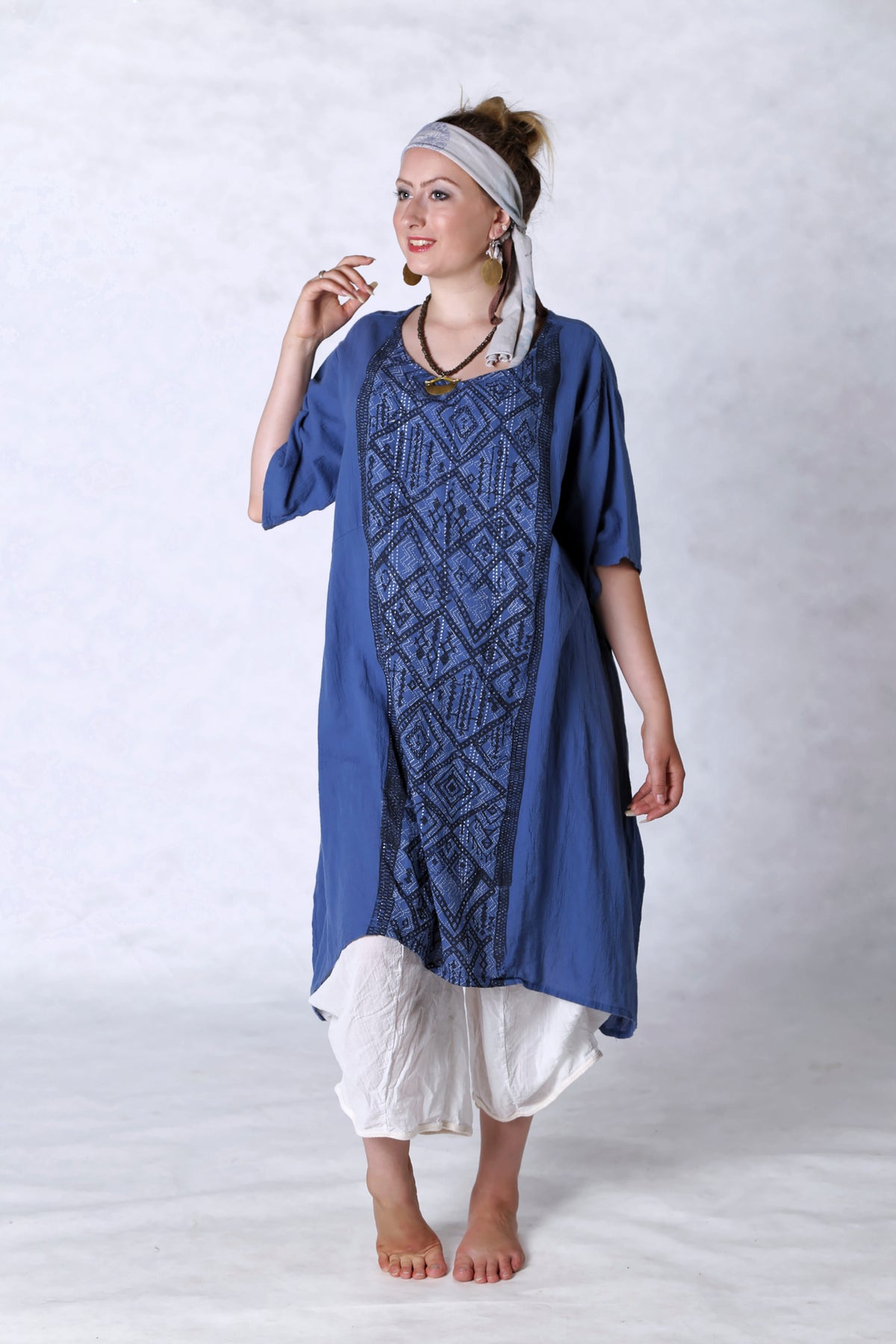 2301 Gauze Urchin Dress-Azure-Textile Black &amp; White Pattern