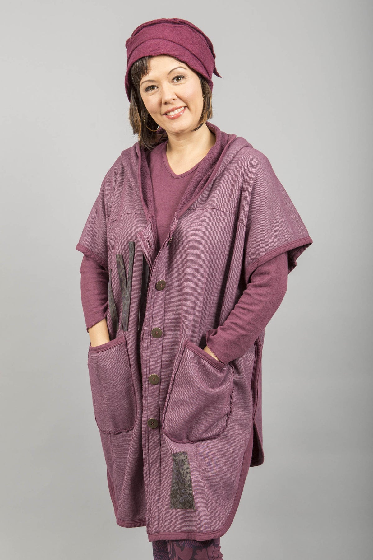 Raw Edge Hooded Cape Patched Plum Rose-Blue Fish Clothing