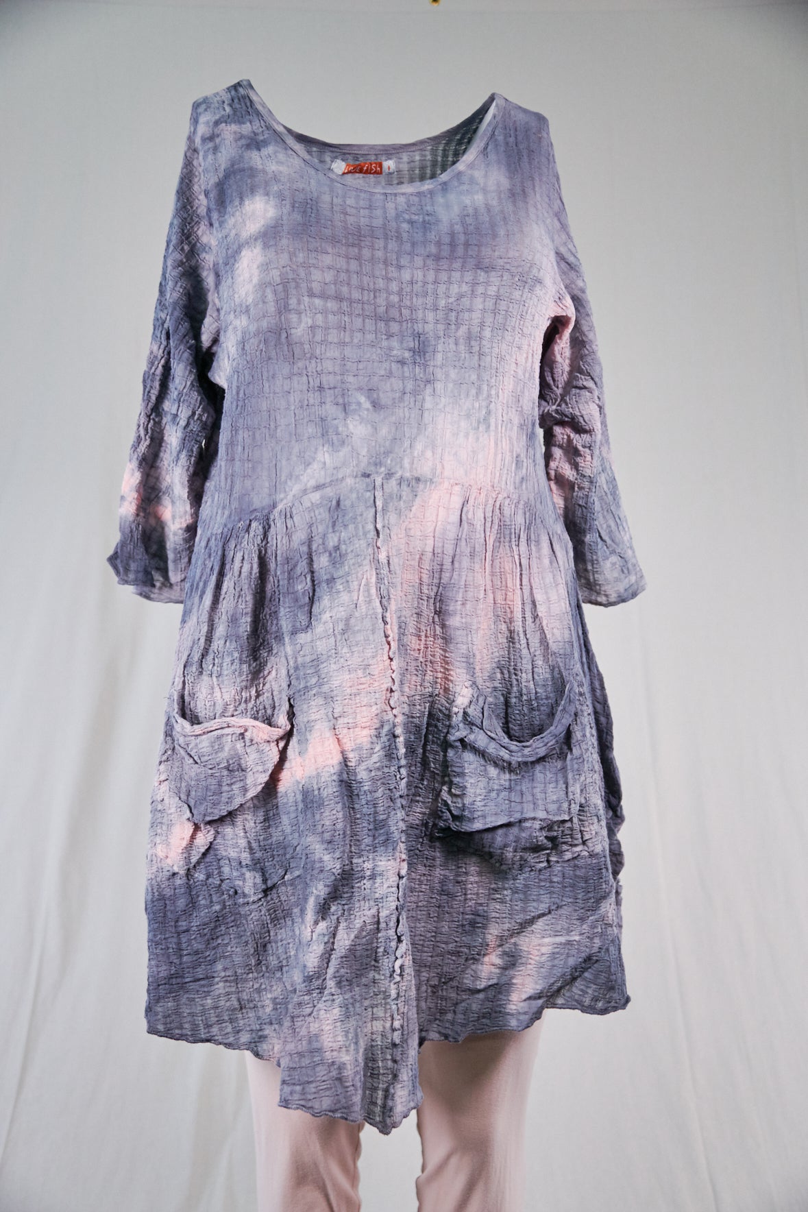 2259 Hand Dyed 2 Pocket Crinkle Dress-Grey Blue Lake w/Pink