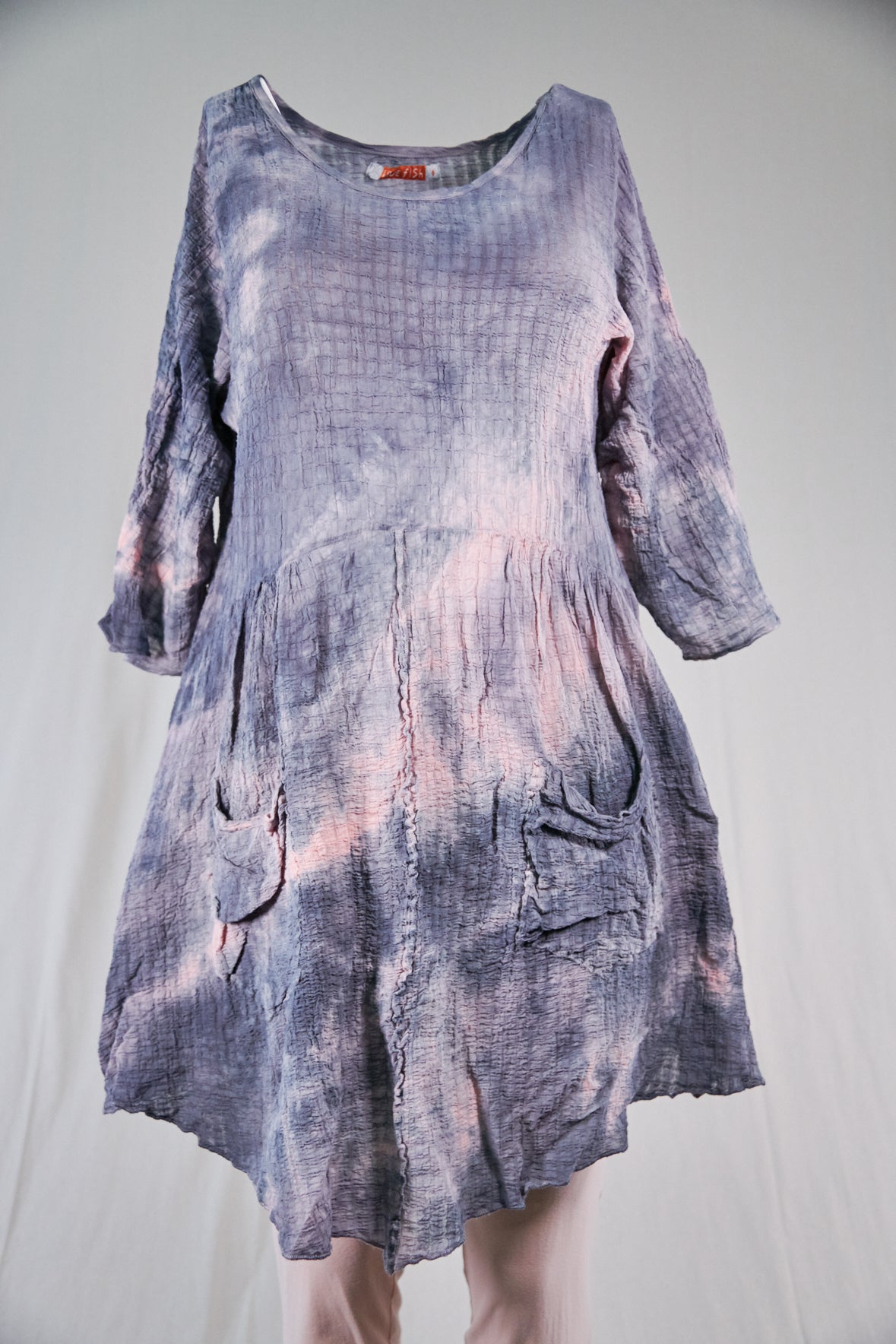 2259 Hand Dyed 2 Pocket Crinkle Dress-Grey Blue Lake w/Pink