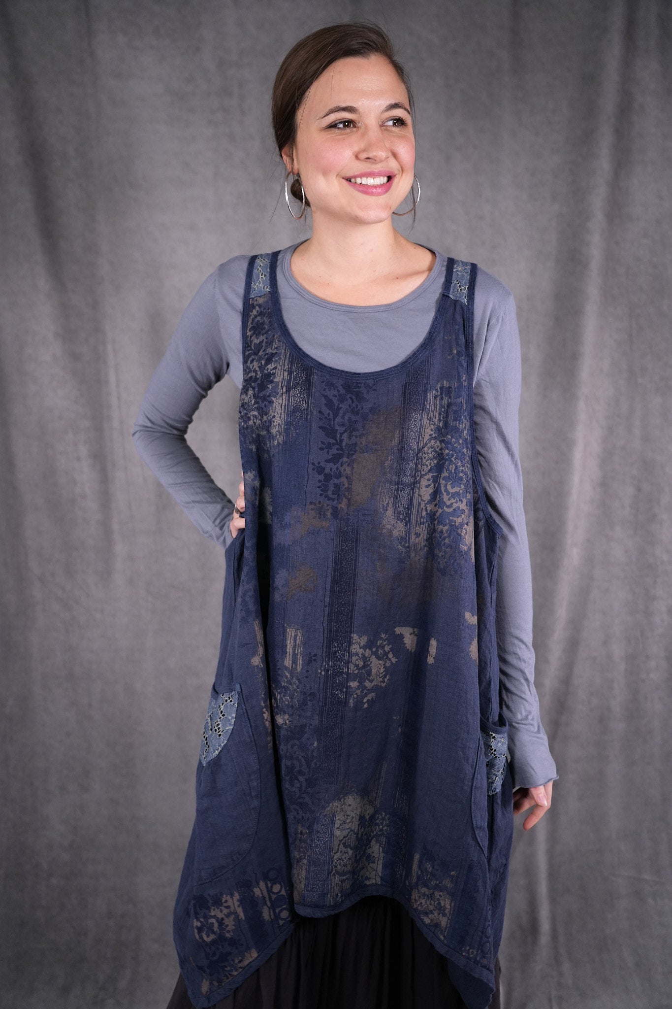 6182L- Lace Pinafore Vintage Indigo w/ lace-P - Blue Fish Clothing 6182L- Lace Pinafore Vintage Indigo w/ lace-P - Blue Fish Clothing
