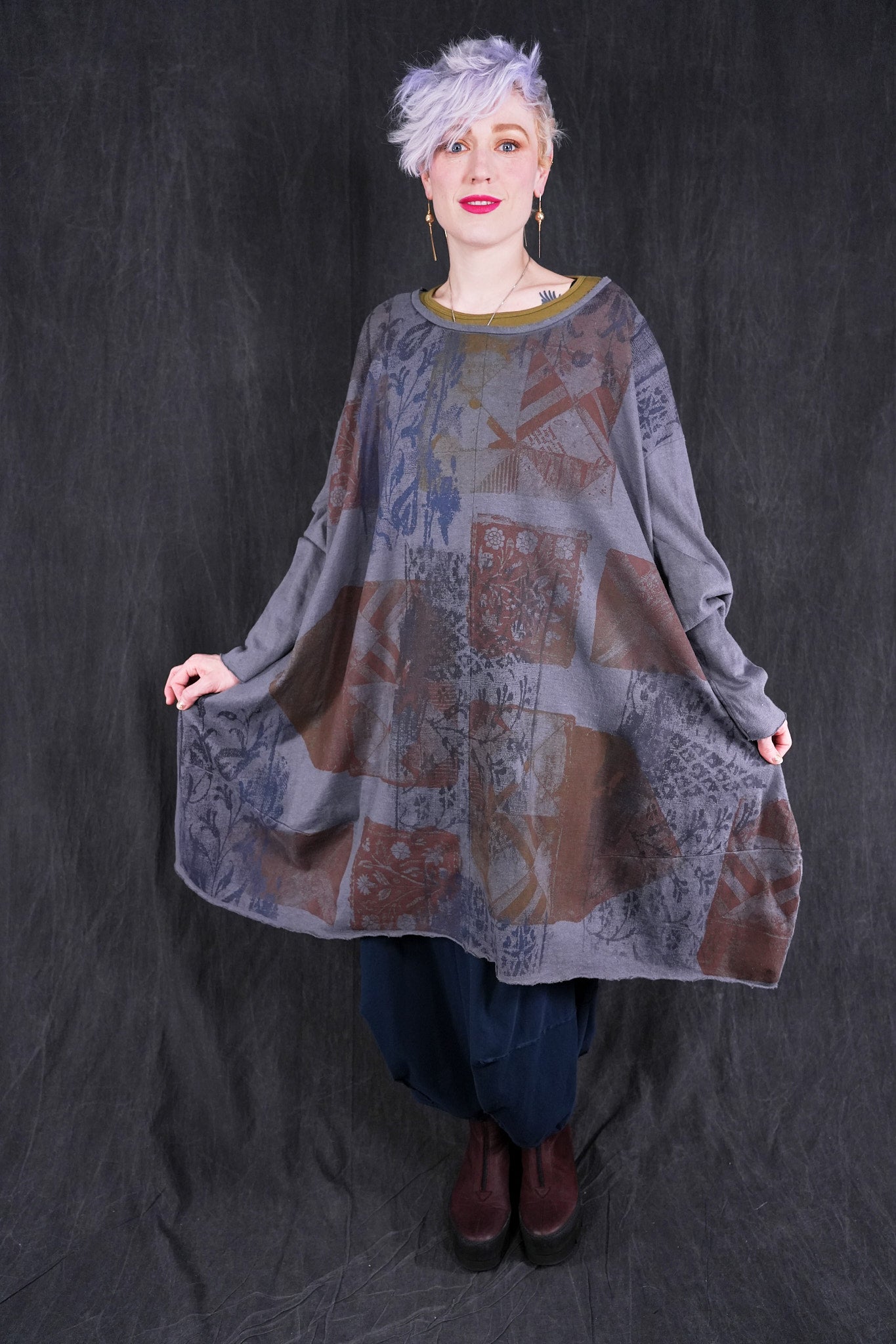 lagenlook winter dresses Blue Raw Cotton Lagenlook Dress, Cowl Neck Winter Dress