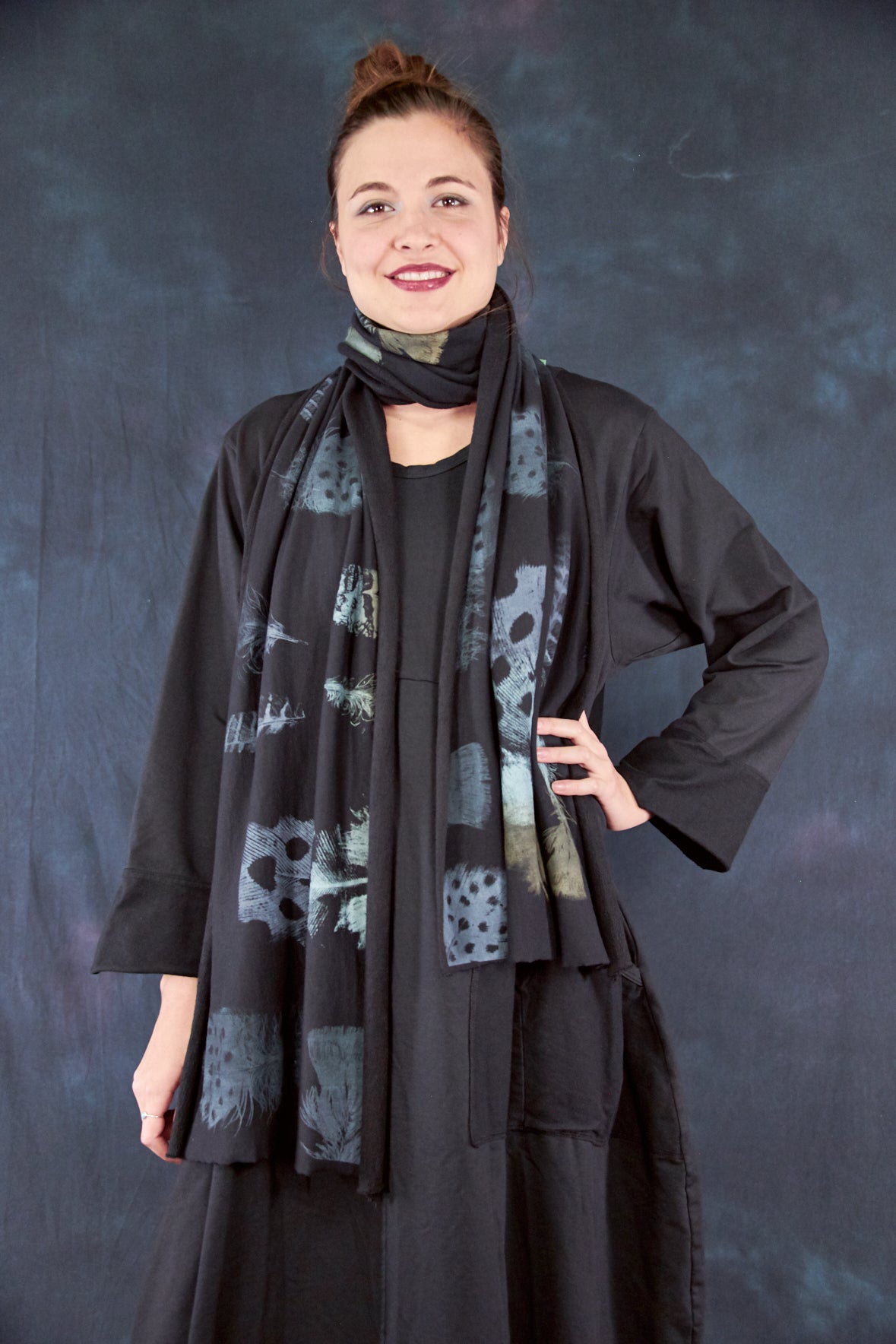 8002 Handprinted Blue Fish Scarf  FEATHERS Noir-P