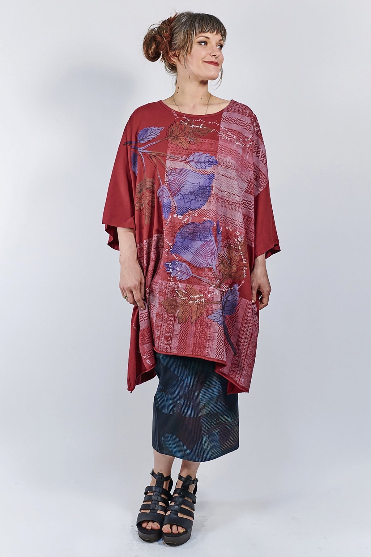 1255 Oversized Tunic Tee- Elegant Red- Woven Folkloric Poetry