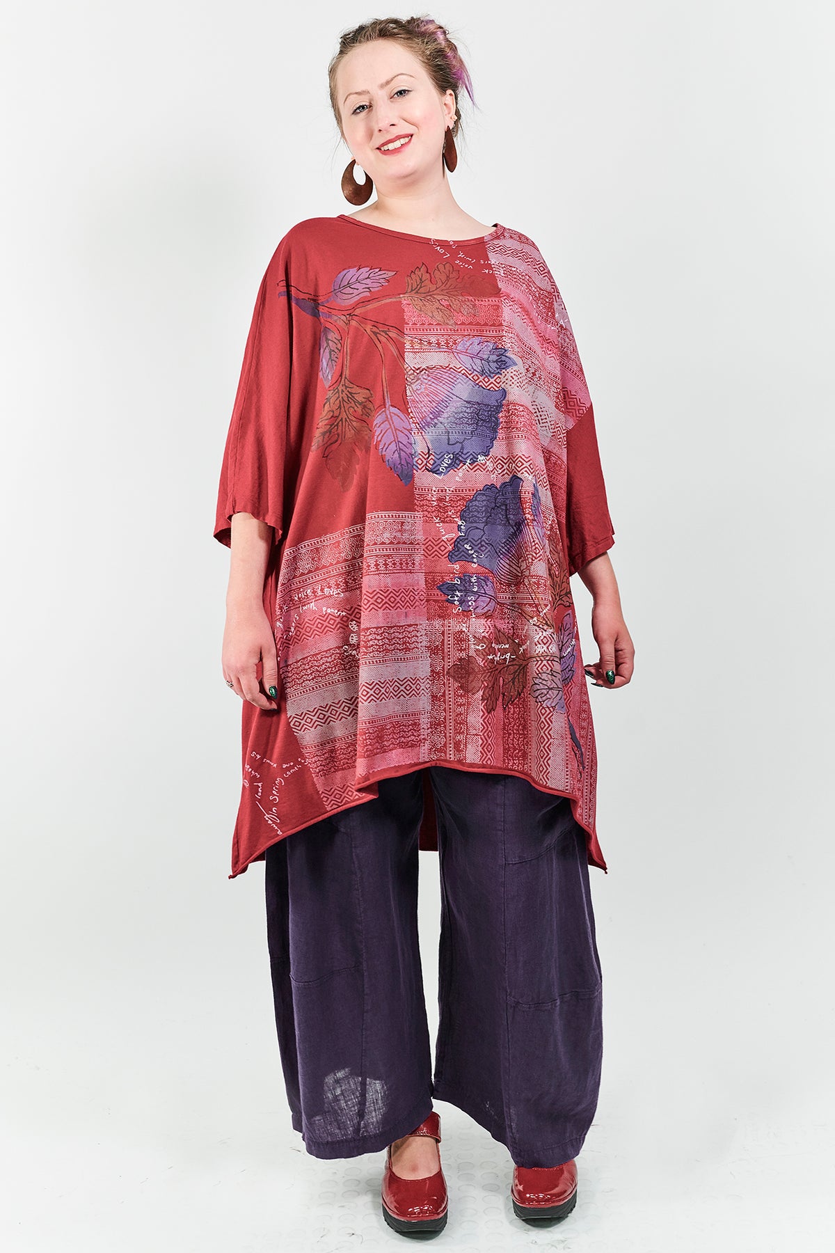 1255 Oversized Tunic Tee- Elegant Red- Woven Folkloric Poetry
