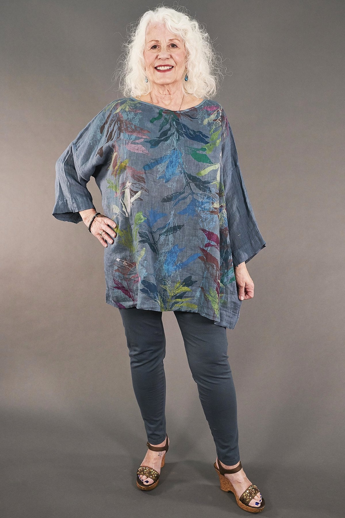 L594-Oversized Square Linen Top-Kingfisher-P