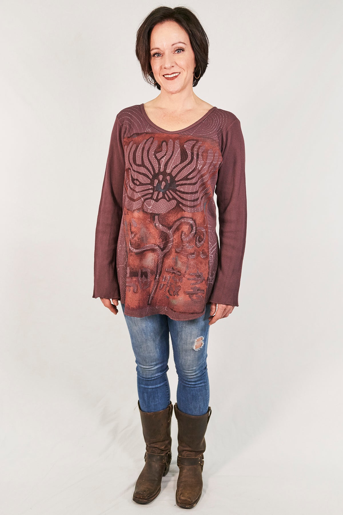 1231 Thermal A-Line Top- Plum Brown- Fiery Floral