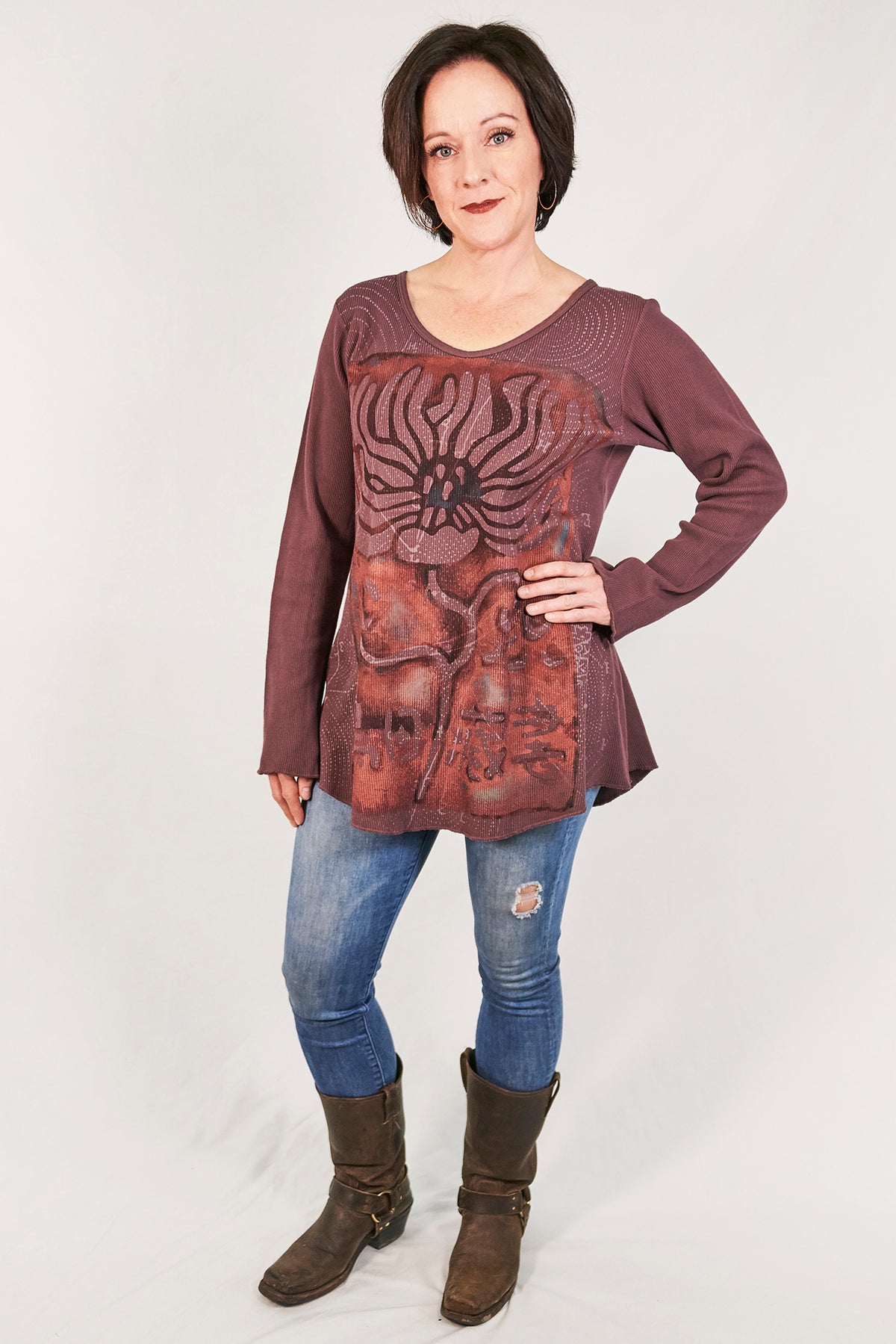 1231 Thermal A-Line Top- Plum Brown- Fiery Floral