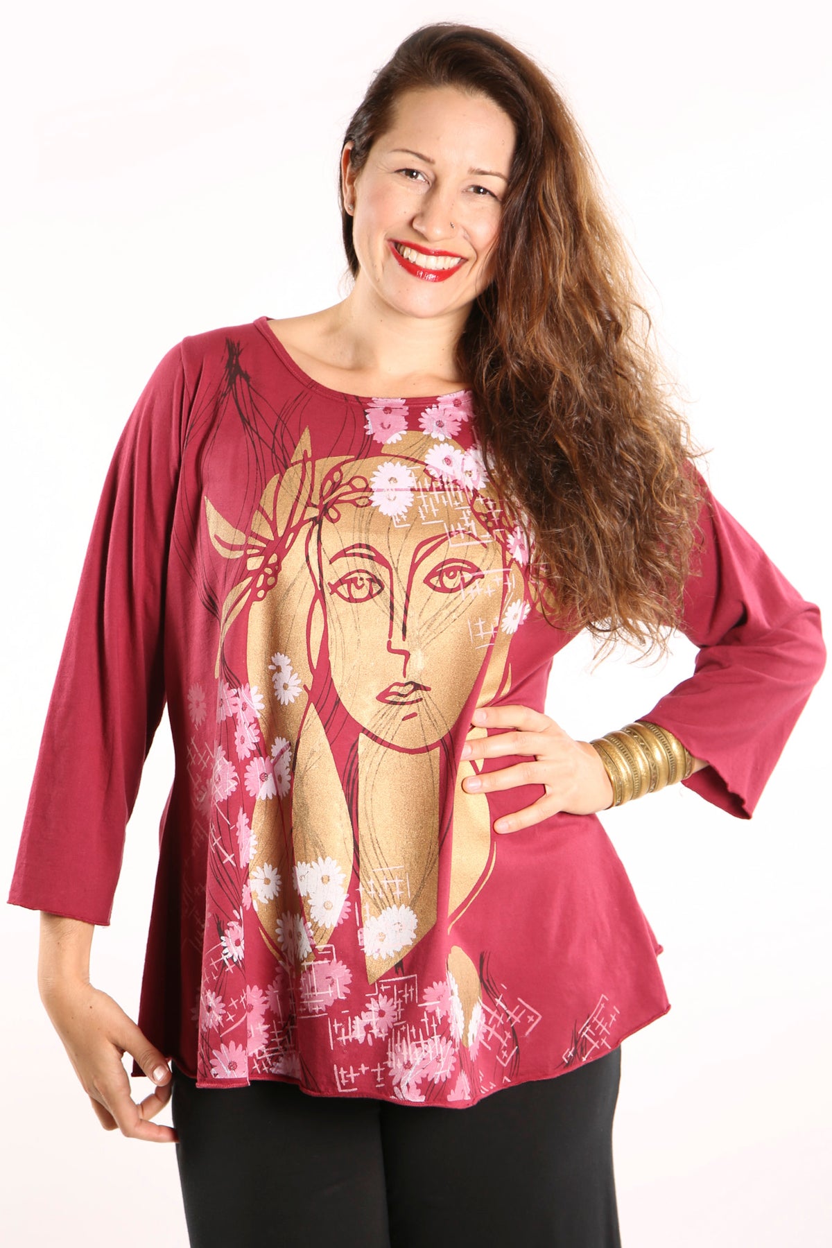 Long Sleeve Cafe Tee Ruby Red-1190-Printed Face