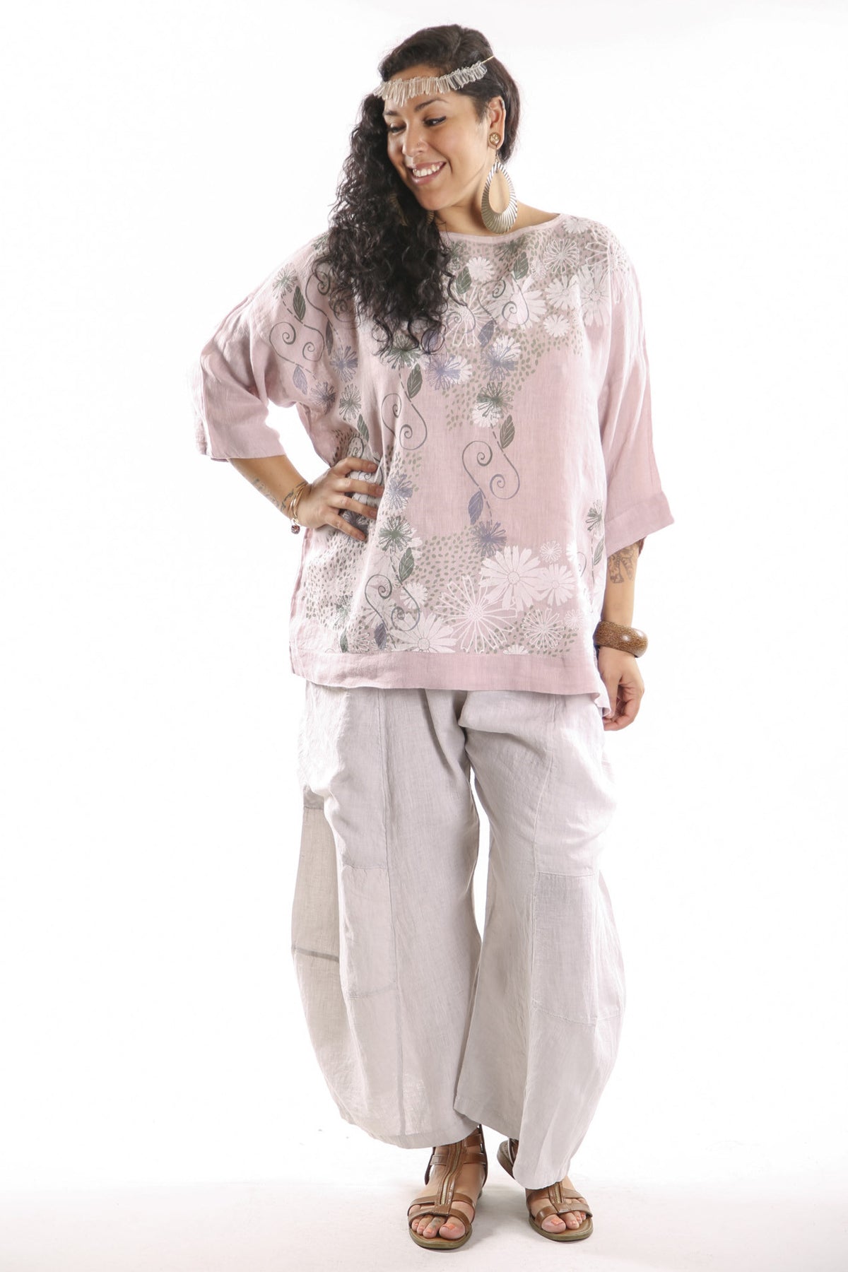 L594-Oversized Square Linen Top Pink-P