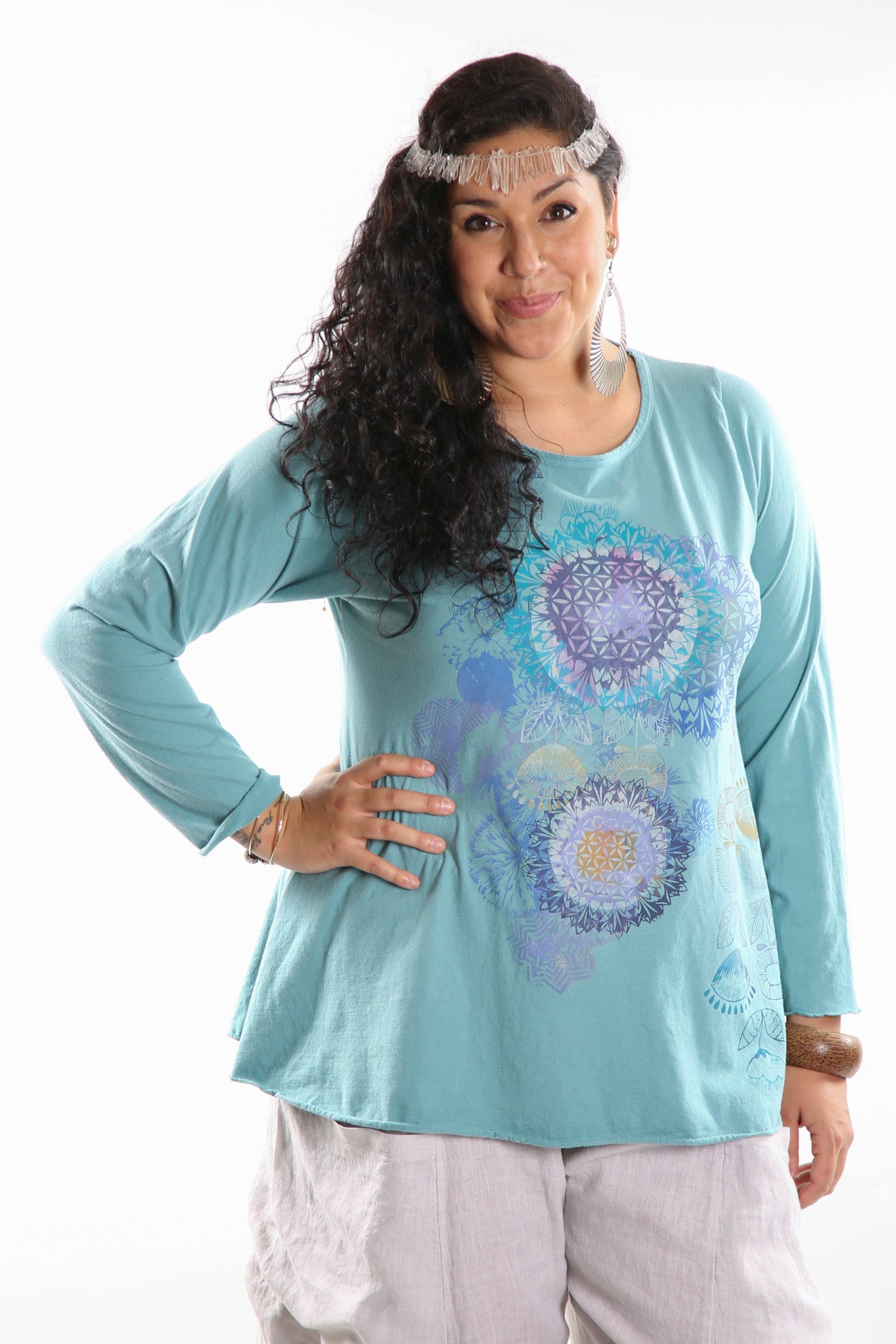 1190 Long Sleeve Turquoise Cafe Tee Printed Geo Sacred