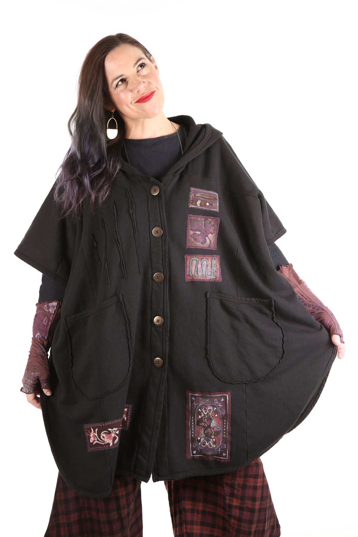 5258 -Raw Edge Hooded Cape - Black-Whimsy Mix Patched #1