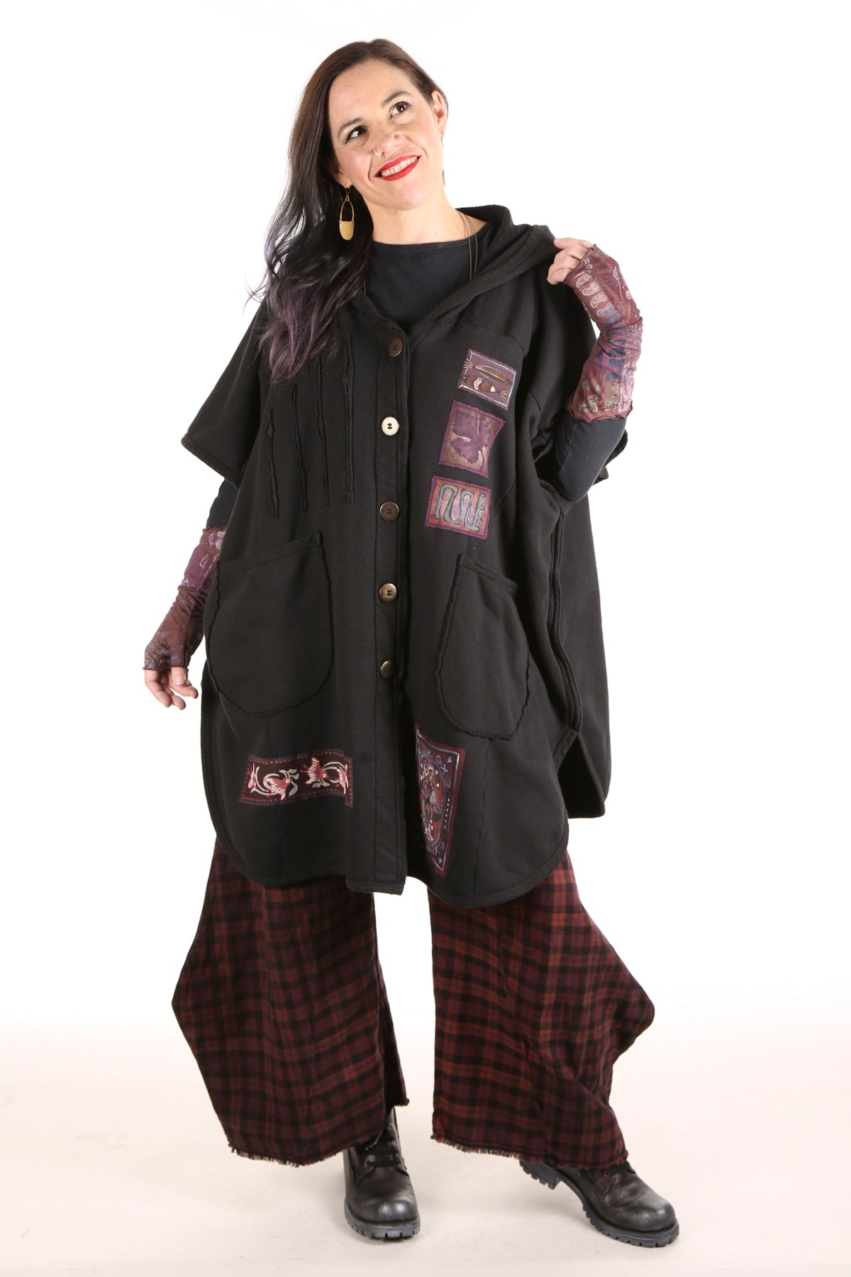 5258 -Raw Edge Hooded Cape - Black-Whimsy Mix Patched #1