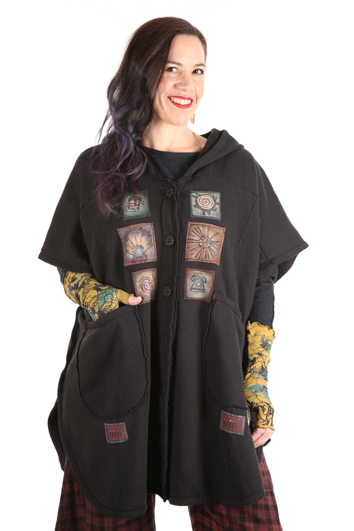 5258 -Black Sherpa Hooded Cape - Black-Patched #3