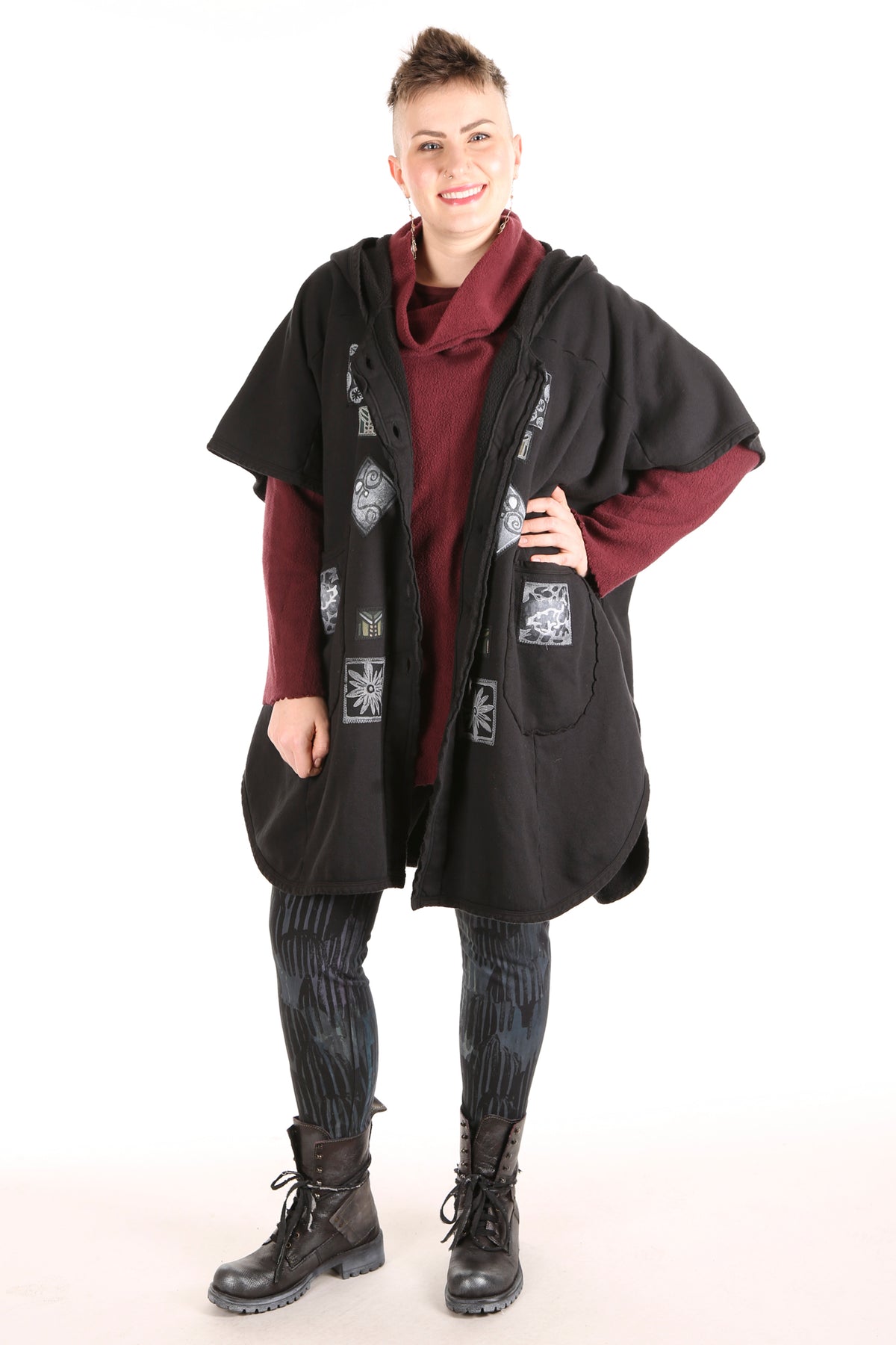 5258 Black Sherpa Hooded Cape -Black-B &amp; W Patched #7