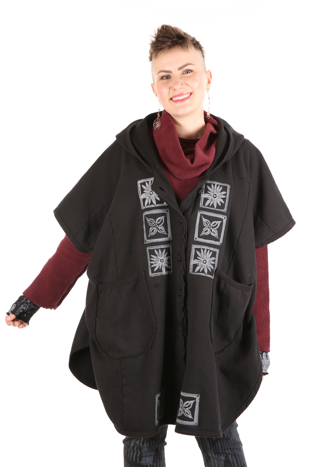5258 Black Sherpa Hooded Cape -Black-B &amp; W simple patched #9