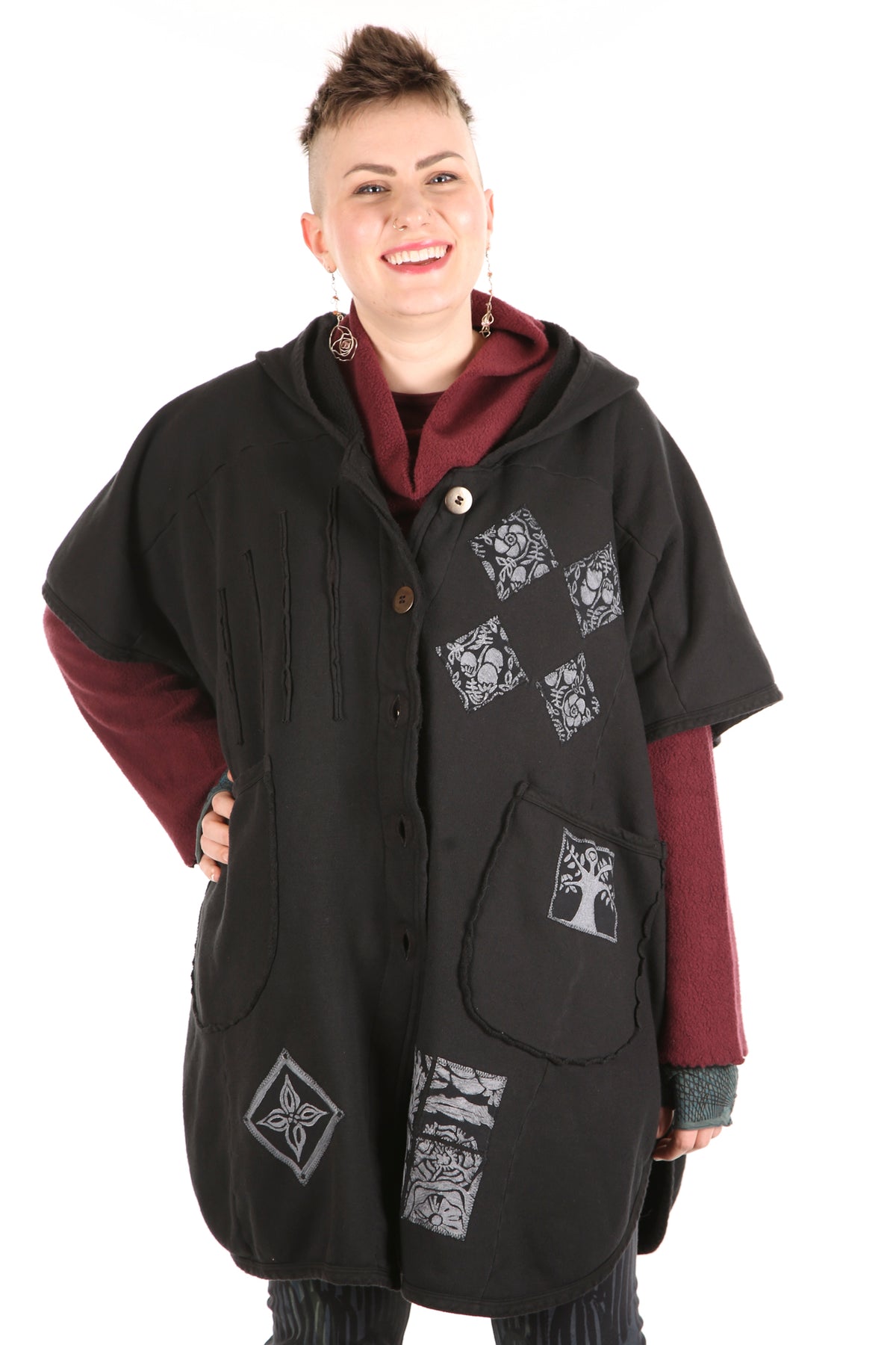 5258 -Organic Sherpa Hooded Cape - Black- blk &amp; white patched #10
