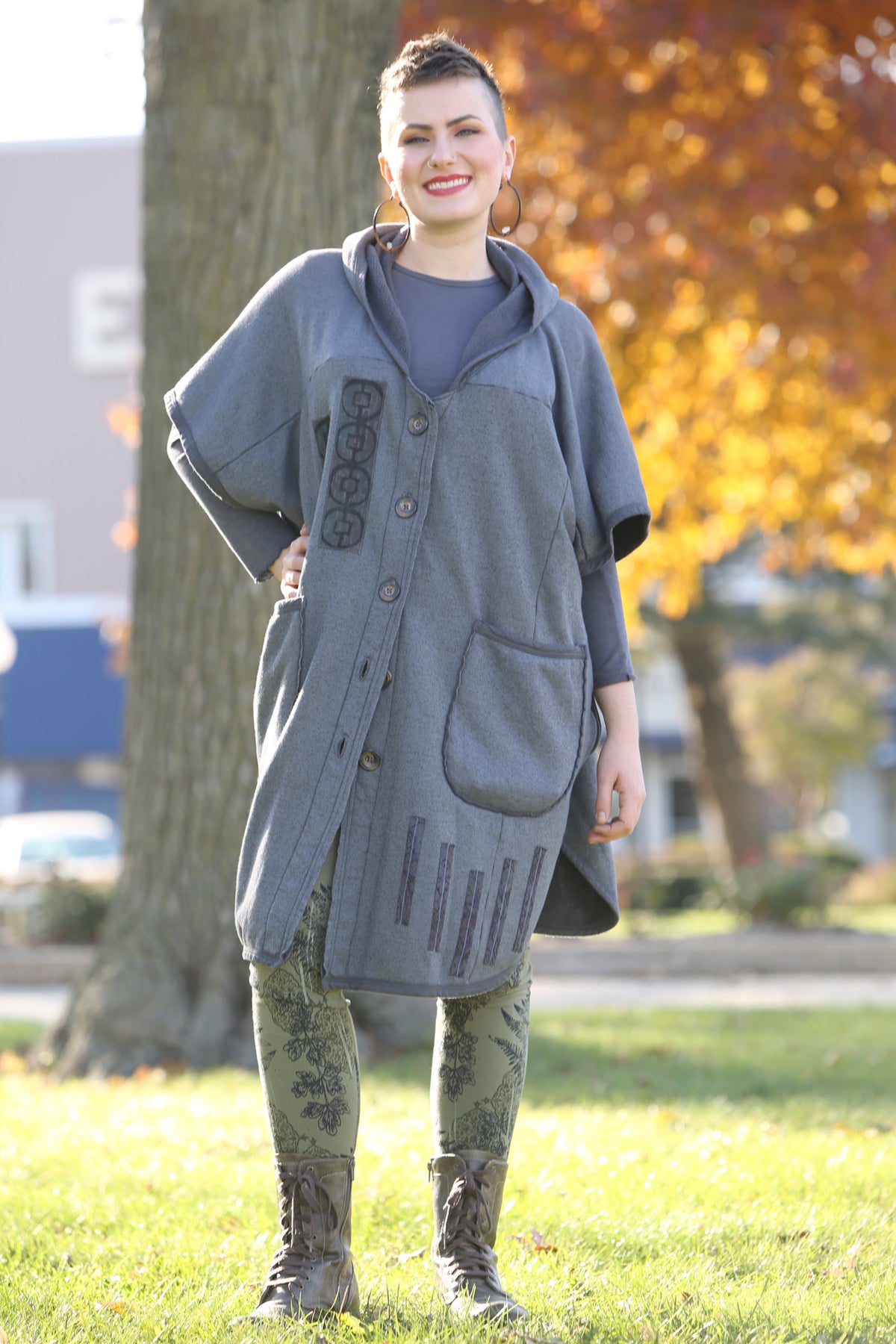 5258B-Raw Edge Hooded Cape - Charcoal-Patched