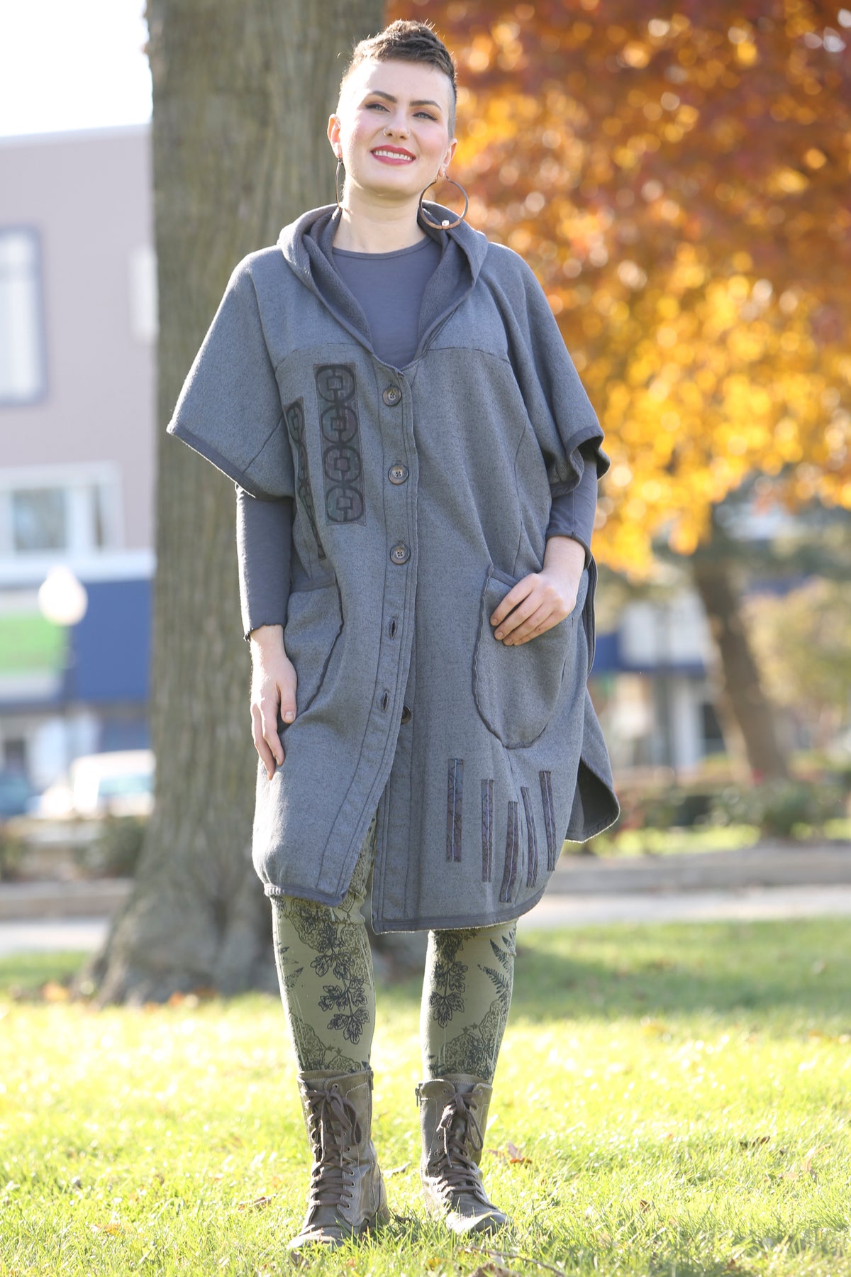 5258B-Raw Edge Hooded Cape - Charcoal-Patched