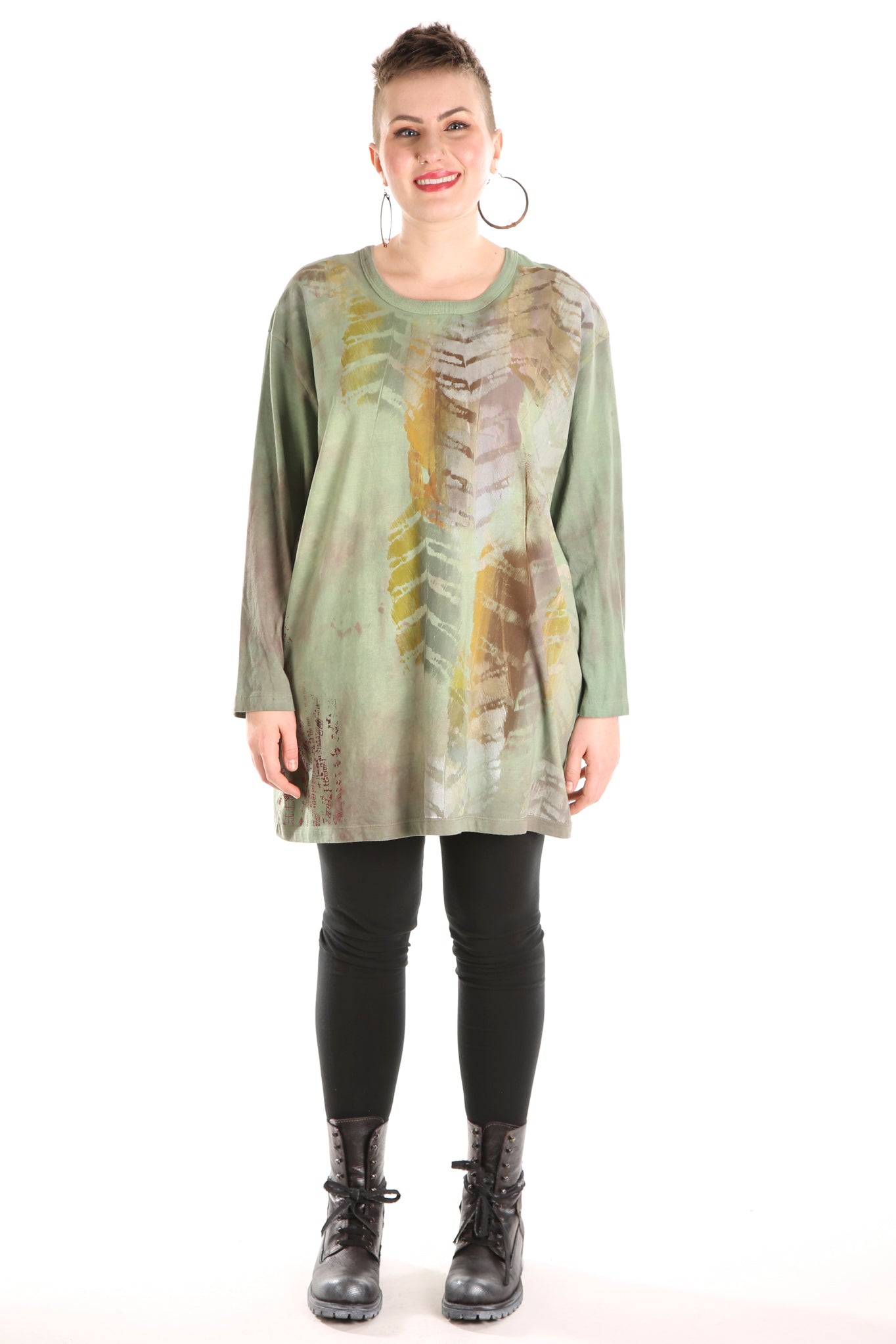 1157HD- L/S Hand Dyed Studio Tee Mottled Greens Deep Olive Printed
