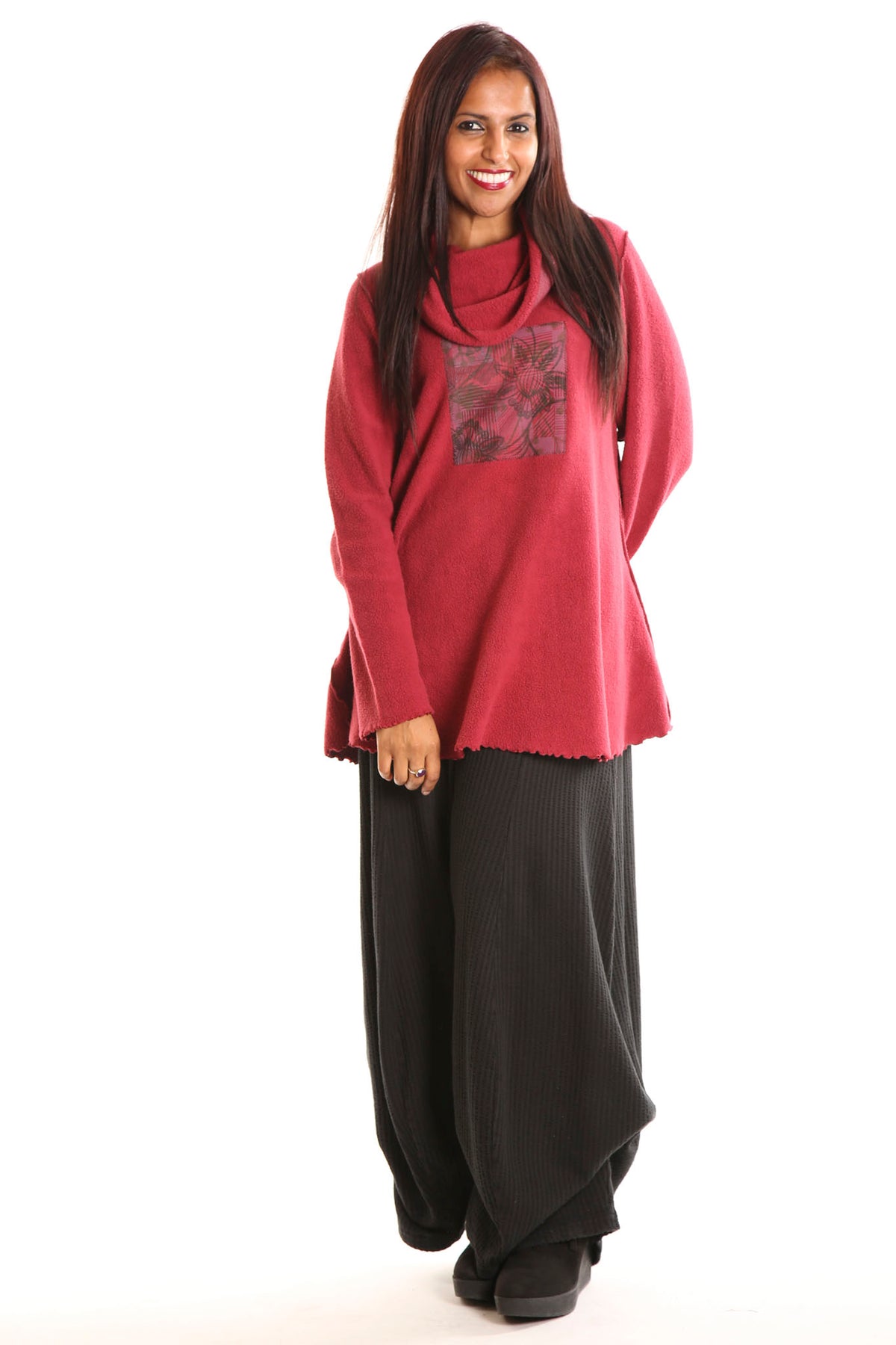1246 Sherpa L/S Cowl Sweatshirt Tibetan Red- folkloric floral patched