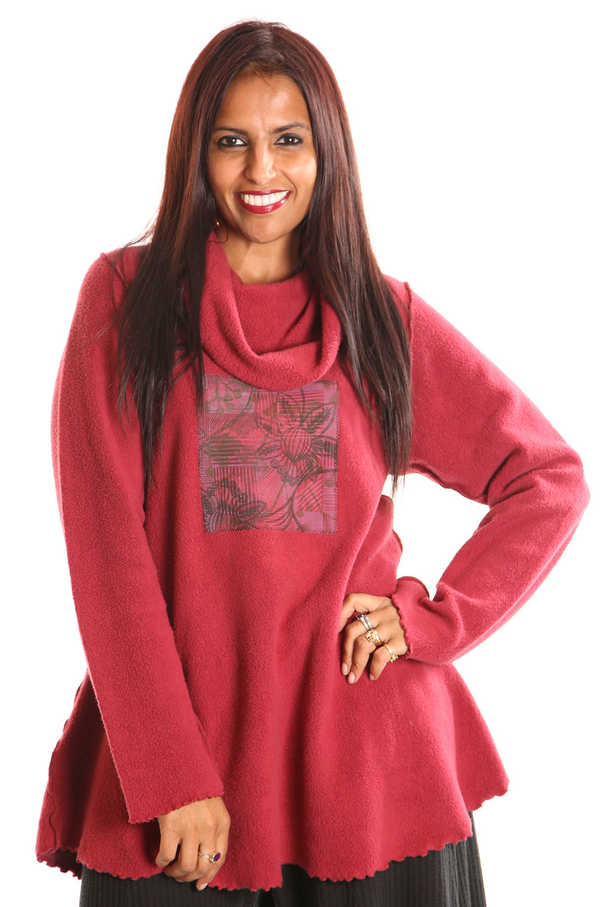 1246 Sherpa L/S Cowl Sweatshirt Tibetan Red- folkloric floral patched