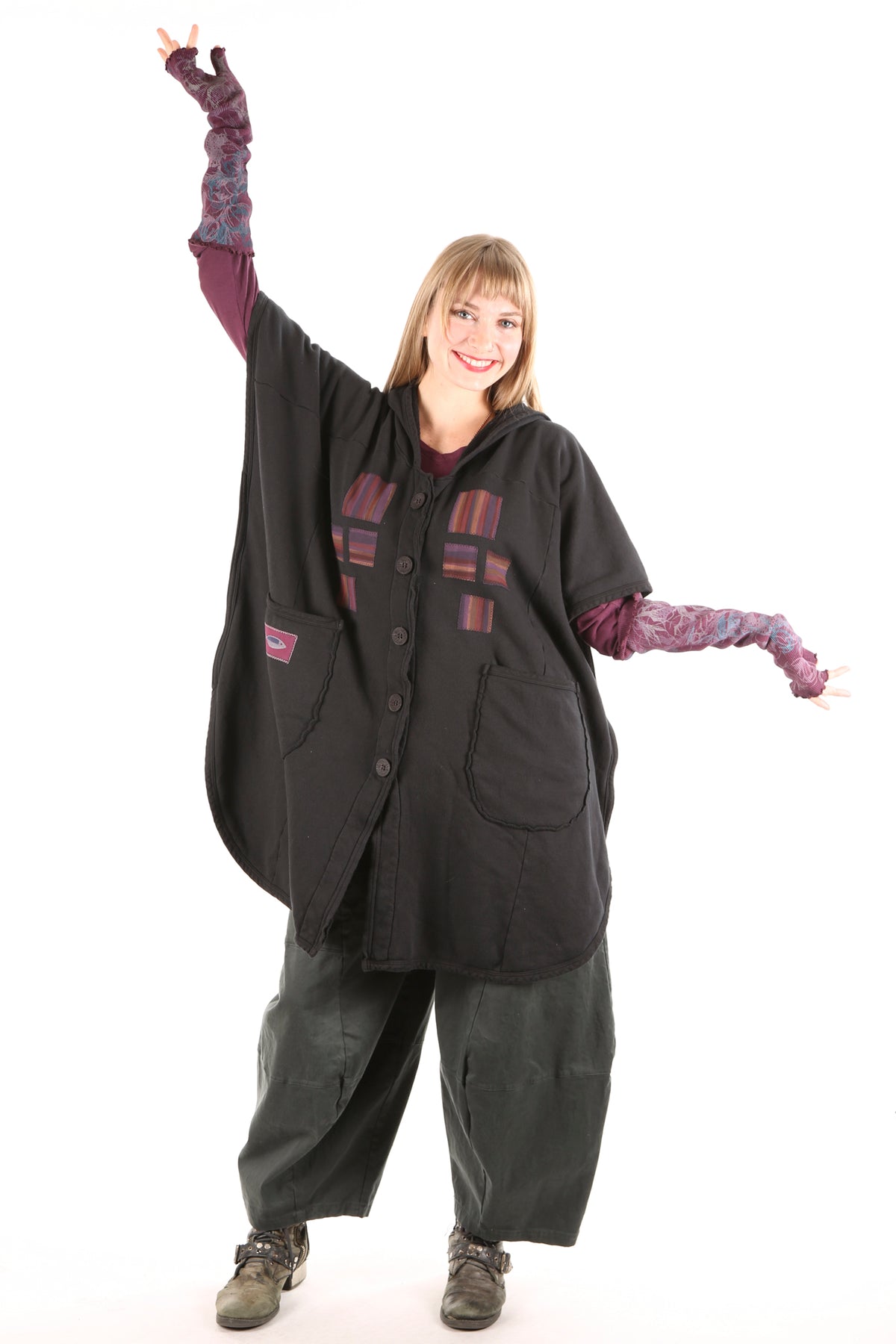 5258 Black Sherpa Hooded Cape -Black-Patched #14