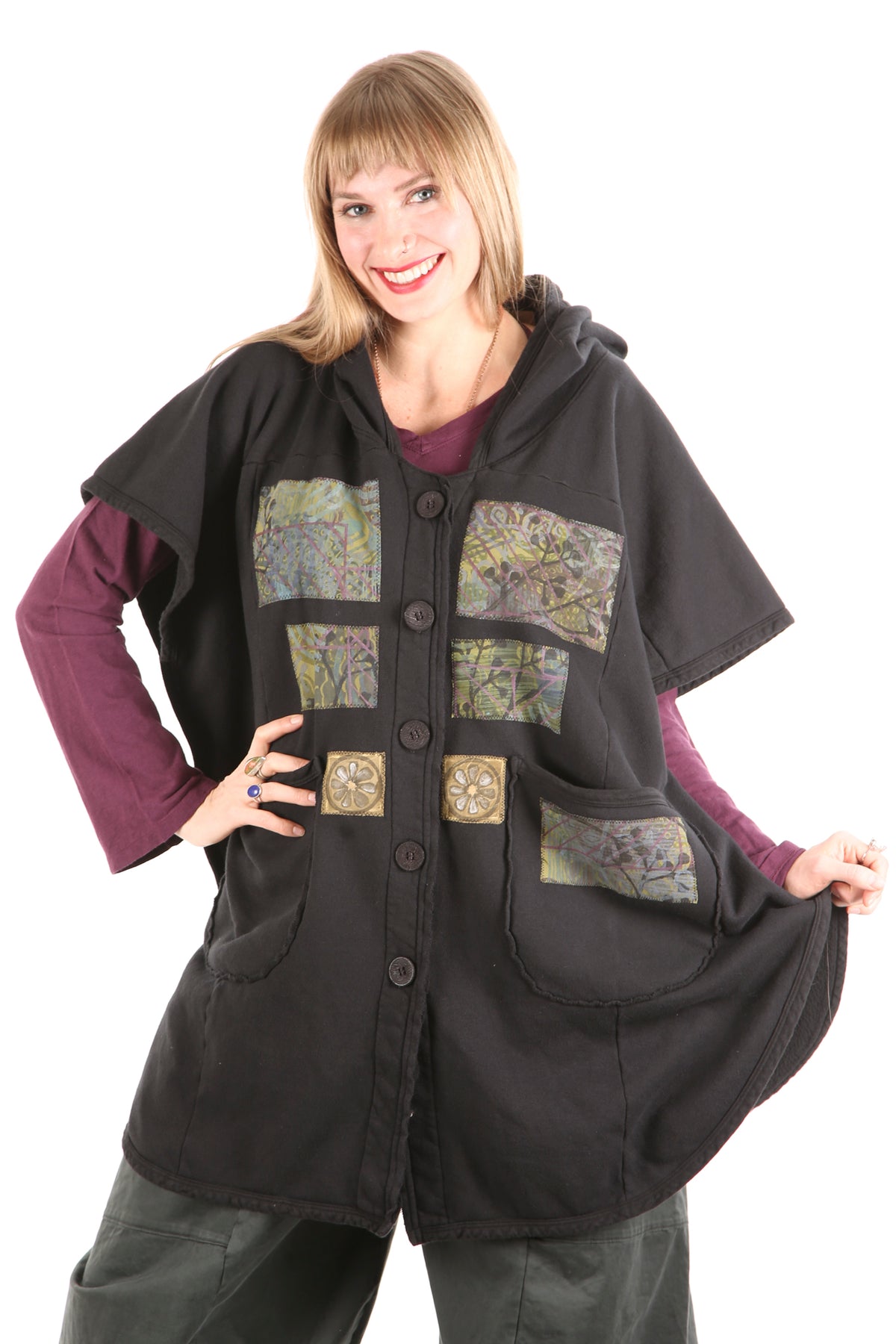 5258 Black Sherpa Hooded Cape -Black-Patched Purples, green #13