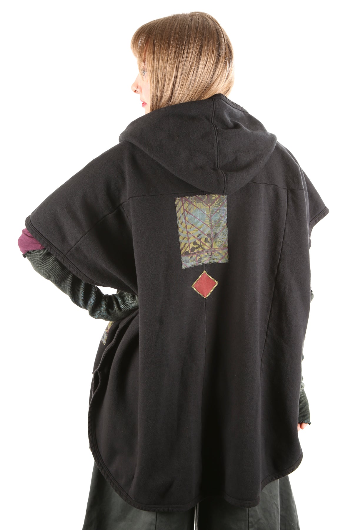 5258 Black Sherpa Hooded Cape -Black-Patched Purples, green #13