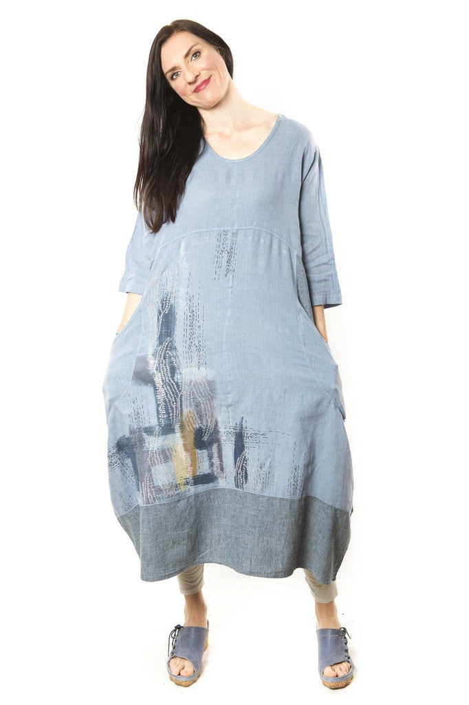 Linen Striped Dress Aleutian Blue Printed